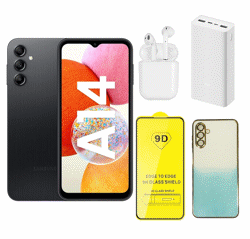 تصویر از گوشی موبایل سامسونگ مدل Galaxy A14 ظرفیت 128 گیگ و رم 4 گیگ همراه با پک قاب و گلس، ایرپاد و پاوربانک رنگ مشکی