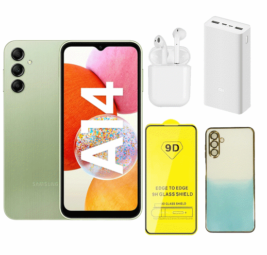 تصویر از گوشی موبایل سامسونگ مدل Galaxy A14 ظرفیت 128 گیگ و رم 4 گیگ همراه با پک قاب و گلس، ایرپاد و پاوربانک رنگ سبز